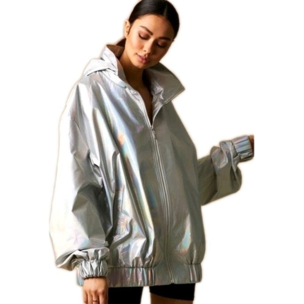 Women’s Silver Holographic Bomber Jacket - Oversized Zip Front